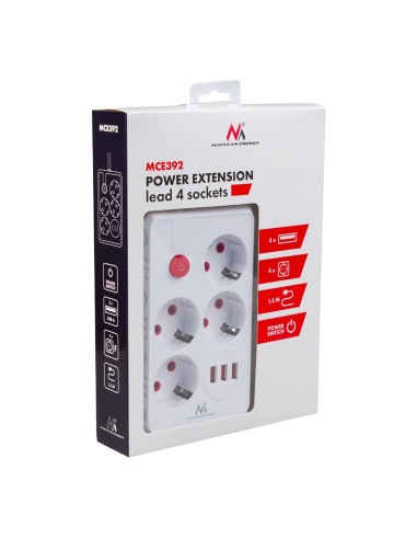 Maclean Listwa Zasilająca, Przedłużacz 4 Gniazda + 3Xusb, 110-240V Ac 50/60Hz, 2.1A Max 2500W, 1,5M, Biała Mce392 W