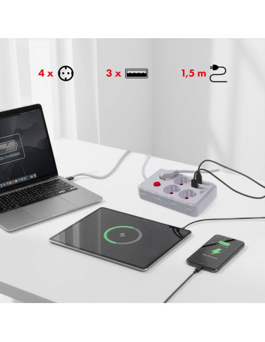 Maclean Listwa Zasilająca, Przedłużacz 4 Gniazda + 3Xusb, 110-240V Ac 50/60Hz, 2.1A Max 2500W, 1,5M, Biała Mce392 W