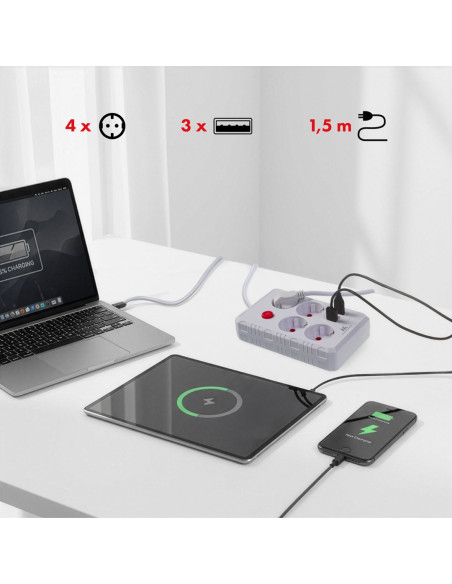 Maclean Listwa Zasilająca, Przedłużacz 4 Gniazda + 3Xusb, 110-240V Ac 50/60Hz, 2.1A Max 2500W, 1,5M, Biała Mce392 W