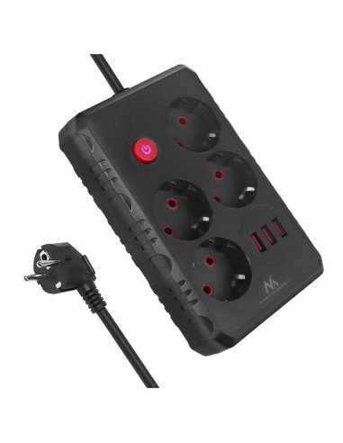 Maclean Listwa Zasilająca, Przedłużacz 4 Gniazda + 3Xusb, 110-240V Ac 50/60Hz, 2.1A Max 2500W, 1,5M, Czarna Mce392 B