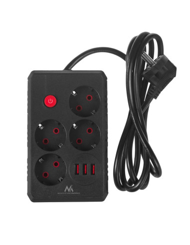 Maclean Listwa Zasilająca, Przedłużacz 4 Gniazda + 3Xusb, 110-240V Ac 50/60Hz, 2.1A Max 2500W, 1,5M, Czarna Mce392 B