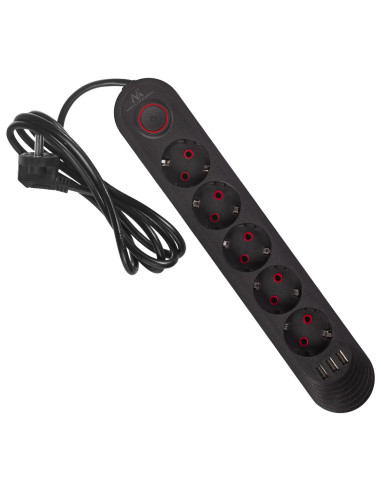 Maclean Listwa Zasilająca, Przedłużacz5 Gniazd + 3Xusb, 110-240V Ac 50/60Hz, 2.1A Max 2500W, 1,5M, Czarna Mce395 B