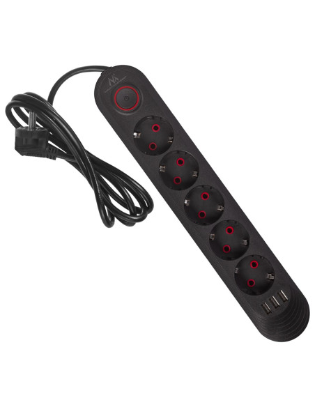 Maclean Listwa Zasilająca, Przedłużacz5 Gniazd + 3Xusb, 110-240V Ac 50/60Hz, 2.1A Max 2500W, 1,5M, Czarna Mce395 B