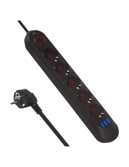 Maclean Listwa Zasilająca, Przedłużacz5 Gniazd + 3Xusb, 110-240V Ac 50/60Hz, 2.1A Max 2500W, 1,5M, Czarna Mce395 B