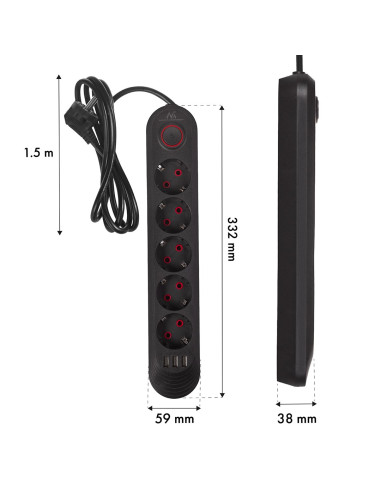 Maclean Listwa Zasilająca, Przedłużacz5 Gniazd + 3Xusb, 110-240V Ac 50/60Hz, 2.1A Max 2500W, 1,5M, Czarna Mce395 B