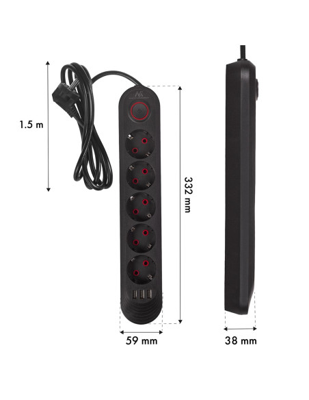 Maclean Listwa Zasilająca, Przedłużacz5 Gniazd + 3Xusb, 110-240V Ac 50/60Hz, 2.1A Max 2500W, 1,5M, Czarna Mce395 B