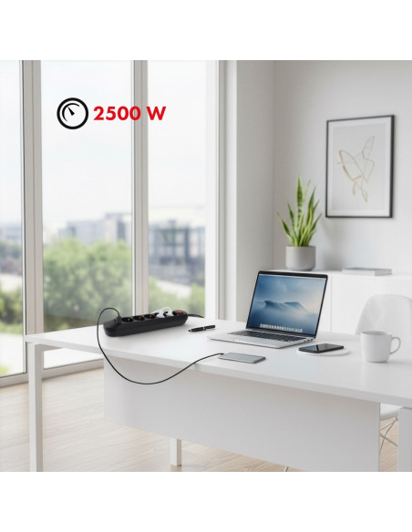Maclean Listwa Zasilająca, Przedłużacz5 Gniazd + 3Xusb, 110-240V Ac 50/60Hz, 2.1A Max 2500W, 1,5M, Czarna Mce395 B