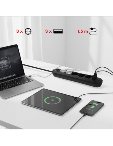 Maclean Listwa Zasilająca, Przedłużacz5 Gniazd + 3Xusb, 110-240V Ac 50/60Hz, 2.1A Max 2500W, 1,5M, Czarna Mce395 B