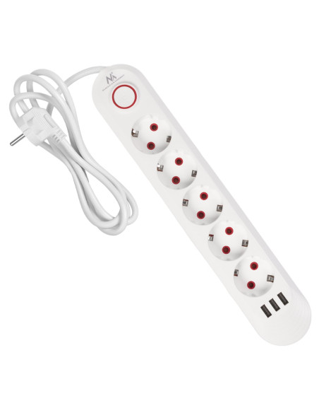Maclean Listwa Zasilająca Przedłużacz5 Gniazd + 3Xusb, 110-240V Ac 50/60Hz, 2.1A Max 2500W, 1,5M, Biała Mce395 W