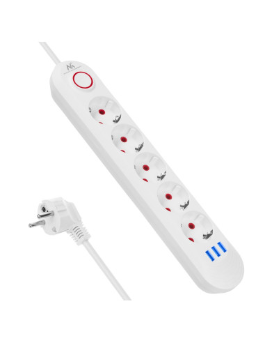 Maclean Listwa Zasilająca Przedłużacz5 Gniazd + 3Xusb, 110-240V Ac 50/60Hz, 2.1A Max 2500W, 1,5M, Biała Mce395 W