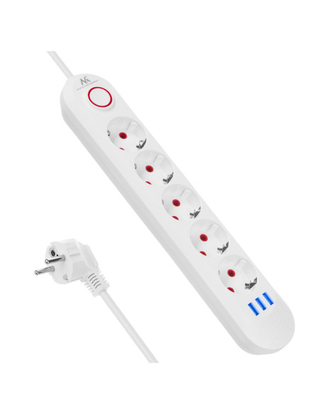 Maclean Listwa Zasilająca Przedłużacz5 Gniazd + 3Xusb, 110-240V Ac 50/60Hz, 2.1A Max 2500W, 1,5M, Biała Mce395 W