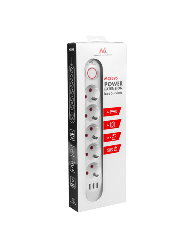 Maclean Listwa Zasilająca Przedłużacz5 Gniazd + 3Xusb, 110-240V Ac 50/60Hz, 2.1A Max 2500W, 1,5M, Biała Mce395 W