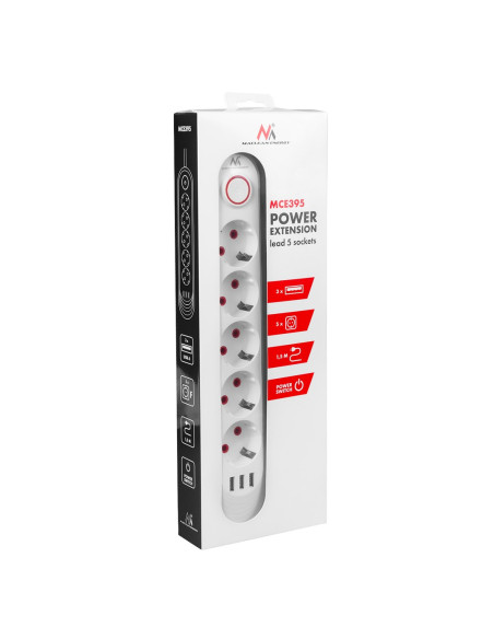 Maclean Listwa Zasilająca Przedłużacz5 Gniazd + 3Xusb, 110-240V Ac 50/60Hz, 2.1A Max 2500W, 1,5M, Biała Mce395 W