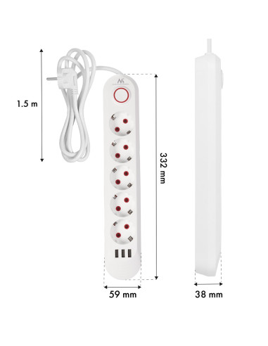 Maclean Listwa Zasilająca Przedłużacz5 Gniazd + 3Xusb, 110-240V Ac 50/60Hz, 2.1A Max 2500W, 1,5M, Biała Mce395 W