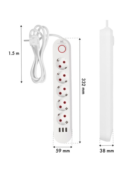 Maclean Listwa Zasilająca Przedłużacz5 Gniazd + 3Xusb, 110-240V Ac 50/60Hz, 2.1A Max 2500W, 1,5M, Biała Mce395 W