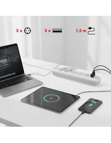Maclean Listwa Zasilająca Przedłużacz5 Gniazd + 3Xusb, 110-240V Ac 50/60Hz, 2.1A Max 2500W, 1,5M, Biała Mce395 W