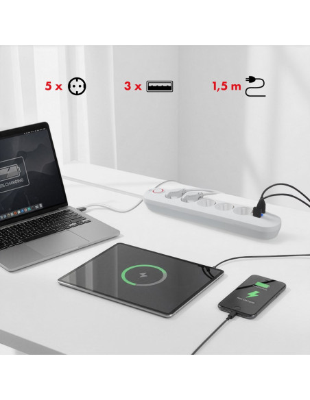 Maclean Listwa Zasilająca Przedłużacz5 Gniazd + 3Xusb, 110-240V Ac 50/60Hz, 2.1A Max 2500W, 1,5M, Biała Mce395 W