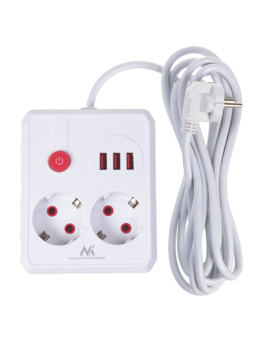 Maclean Listwa Zasilająca, Przedłużacz 2 Gniazda + 3Xusb, 110-240V Ac 50/60Hz, 2.1A Max 2500W, 3 M, Biała Mce388 W