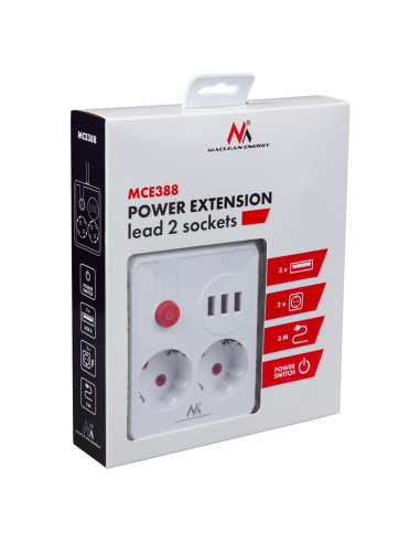 Maclean Listwa Zasilająca, Przedłużacz 2 Gniazda + 3Xusb, 110-240V Ac 50/60Hz, 2.1A Max 2500W, 3 M, Biała Mce388 W