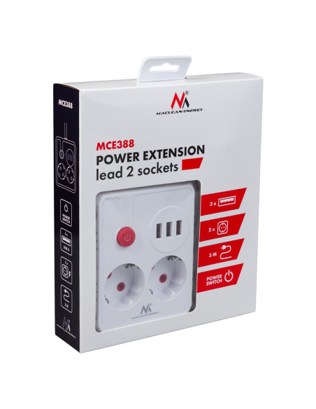 Maclean Listwa Zasilająca, Przedłużacz 2 Gniazda + 3Xusb, 110-240V Ac 50/60Hz, 2.1A Max 2500W, 3 M, Biała Mce388 W