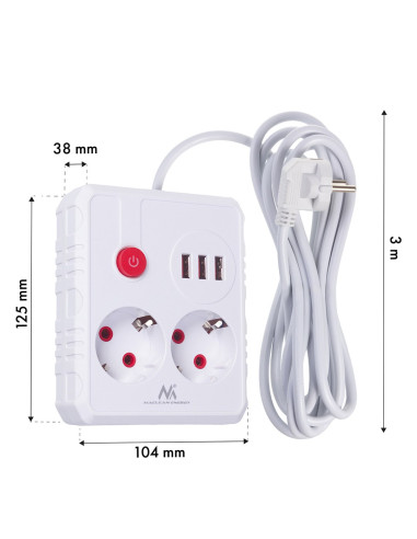Maclean Listwa Zasilająca, Przedłużacz 2 Gniazda + 3Xusb, 110-240V Ac 50/60Hz, 2.1A Max 2500W, 3 M, Biała Mce388 W