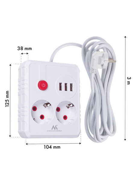 Maclean Listwa Zasilająca, Przedłużacz 2 Gniazda + 3Xusb, 110-240V Ac 50/60Hz, 2.1A Max 2500W, 3 M, Biała Mce388 W