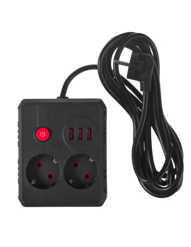 Maclean Listwa Zasilająca, Przedłużacz 2 Gniazda + 3Xusb, 110-240V Ac 50/60Hz, 2.1A Max 2500W, 3 M, Czarna Mce388 B