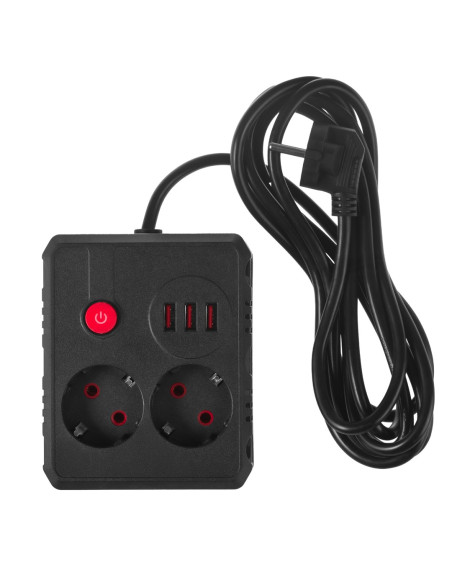 Maclean Listwa Zasilająca, Przedłużacz 2 Gniazda + 3Xusb, 110-240V Ac 50/60Hz, 2.1A Max 2500W, 3 M, Czarna Mce388 B
