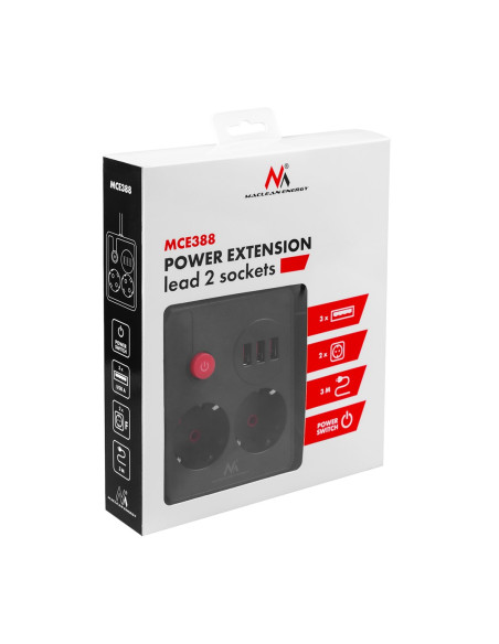 Maclean Listwa Zasilająca, Przedłużacz 2 Gniazda + 3Xusb, 110-240V Ac 50/60Hz, 2.1A Max 2500W, 3 M, Czarna Mce388 B
