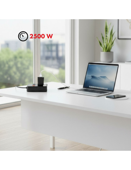 Maclean Listwa Zasilająca, Przedłużacz 2 Gniazda + 3Xusb, 110-240V Ac 50/60Hz, 2.1A Max 2500W, 3 M, Czarna Mce388 B