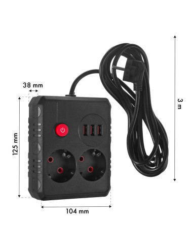 Maclean Listwa Zasilająca, Przedłużacz 2 Gniazda + 3Xusb, 110-240V Ac 50/60Hz, 2.1A Max 2500W, 3 M, Czarna Mce388 B