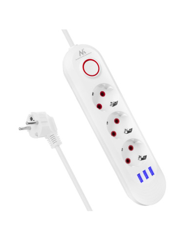 Maclean Listwa Zasilająca, Przedłużacz 3 Gniazda + 3Xusb, 110-240V Ac 50/60Hz, 2.1A Max 2500W, 1,5M, Biała Mce394 W