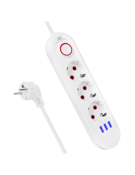 Maclean Listwa Zasilająca, Przedłużacz 3 Gniazda + 3Xusb, 110-240V Ac 50/60Hz, 2.1A Max 2500W, 1,5M, Biała Mce394 W
