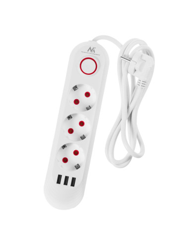 Maclean Listwa Zasilająca, Przedłużacz 3 Gniazda + 3Xusb, 110-240V Ac 50/60Hz, 2.1A Max 2500W, 1,5M, Biała Mce394 W