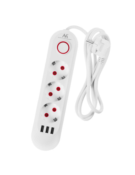 Maclean Listwa Zasilająca, Przedłużacz 3 Gniazda + 3Xusb, 110-240V Ac 50/60Hz, 2.1A Max 2500W, 1,5M, Biała Mce394 W