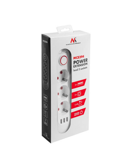 Maclean Listwa Zasilająca, Przedłużacz 3 Gniazda + 3Xusb, 110-240V Ac 50/60Hz, 2.1A Max 2500W, 1,5M, Biała Mce394 W