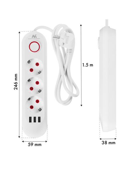 Maclean Listwa Zasilająca, Przedłużacz 3 Gniazda + 3Xusb, 110-240V Ac 50/60Hz, 2.1A Max 2500W, 1,5M, Biała Mce394 W