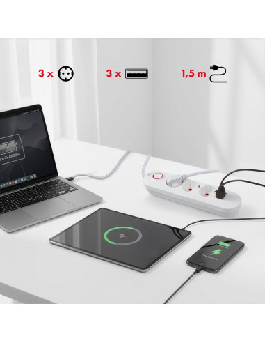 Maclean Listwa Zasilająca, Przedłużacz 3 Gniazda + 3Xusb, 110-240V Ac 50/60Hz, 2.1A Max 2500W, 1,5M, Biała Mce394 W