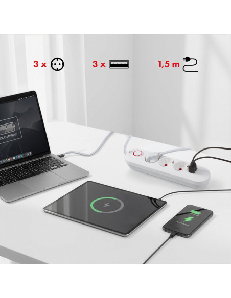 Maclean Listwa Zasilająca, Przedłużacz 3 Gniazda + 3Xusb, 110-240V Ac 50/60Hz, 2.1A Max 2500W, 1,5M, Biała Mce394 W