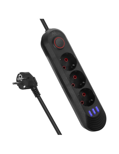 Maclean Listwa Zasilająca, Przedłużacz 3 Gniazda + 3Xusb, 110-240V Ac 50/60Hz, 2.1A Max 2500W, 1,5M, Czarna Mce394 B