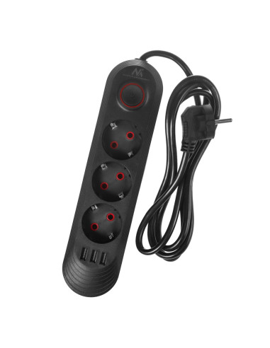 Maclean Listwa Zasilająca, Przedłużacz 3 Gniazda + 3Xusb, 110-240V Ac 50/60Hz, 2.1A Max 2500W, 1,5M, Czarna Mce394 B