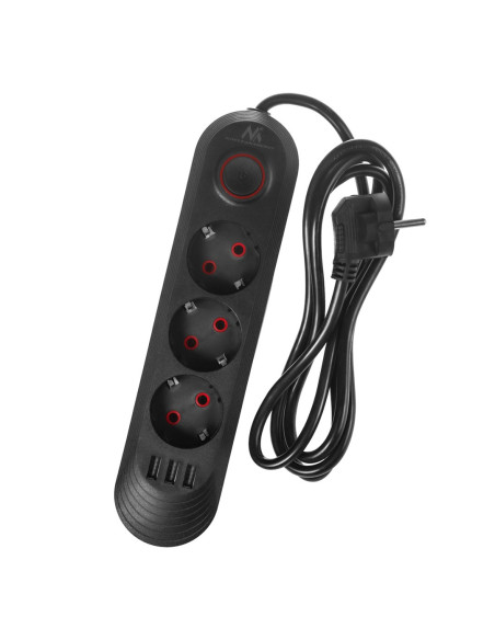 Maclean Listwa Zasilająca, Przedłużacz 3 Gniazda + 3Xusb, 110-240V Ac 50/60Hz, 2.1A Max 2500W, 1,5M, Czarna Mce394 B