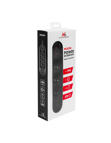 Maclean Listwa Zasilająca, Przedłużacz 3 Gniazda + 3Xusb, 110-240V Ac 50/60Hz, 2.1A Max 2500W, 1,5M, Czarna Mce394 B