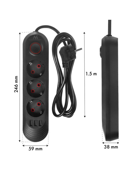 Maclean Listwa Zasilająca, Przedłużacz 3 Gniazda + 3Xusb, 110-240V Ac 50/60Hz, 2.1A Max 2500W, 1,5M, Czarna Mce394 B