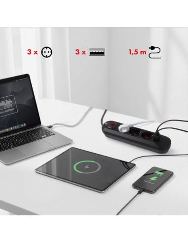 Maclean Listwa Zasilająca, Przedłużacz 3 Gniazda + 3Xusb, 110-240V Ac 50/60Hz, 2.1A Max 2500W, 1,5M, Czarna Mce394 B