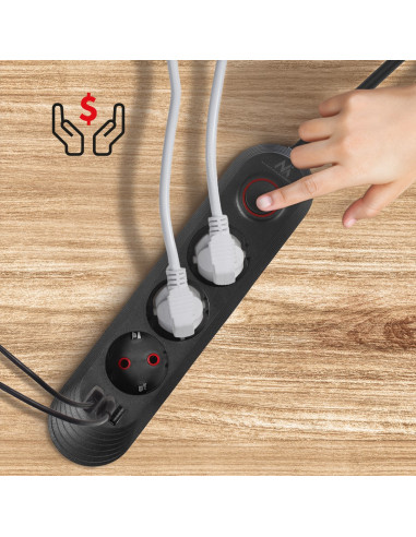 Maclean Listwa Zasilająca, Przedłużacz 3 Gniazda + 3Xusb, 110-240V Ac 50/60Hz, 2.1A Max 2500W, 1,5M, Czarna Mce394 B