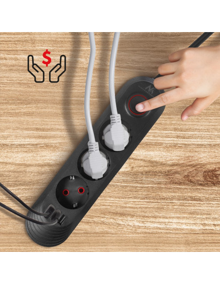 Maclean Listwa Zasilająca, Przedłużacz 3 Gniazda + 3Xusb, 110-240V Ac 50/60Hz, 2.1A Max 2500W, 1,5M, Czarna Mce394 B