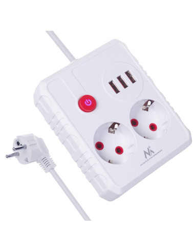 Maclean Listwa Zasilająca, Przedłużacz 2 Gniazda + 3Xusb, 110-240V Ac 50/60Hz, 2.1A Max 2500W, 1.5M, Biała Mce387 W