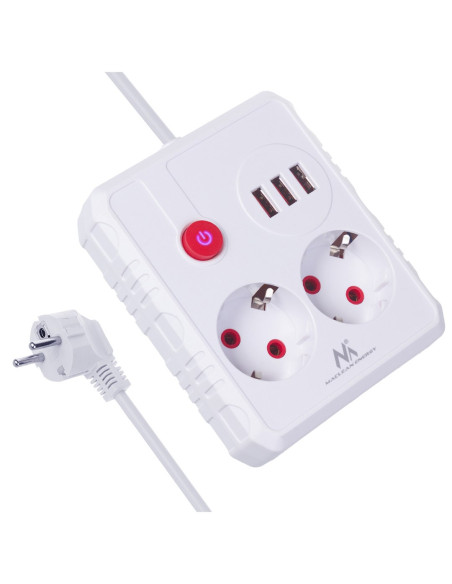 Maclean Listwa Zasilająca, Przedłużacz 2 Gniazda + 3Xusb, 110-240V Ac 50/60Hz, 2.1A Max 2500W, 1.5M, Biała Mce387 W