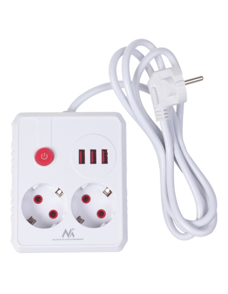Maclean Listwa Zasilająca, Przedłużacz 2 Gniazda + 3Xusb, 110-240V Ac 50/60Hz, 2.1A Max 2500W, 1.5M, Biała Mce387 W